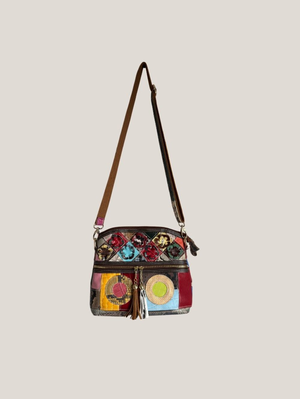 Colorful Vibrant Genuine Leather 3D Floral Patchwork Crossbody Bag